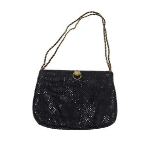 Bueno Black Metal Mesh Evening Bag Gold Chain Strap Shoulder Clutch